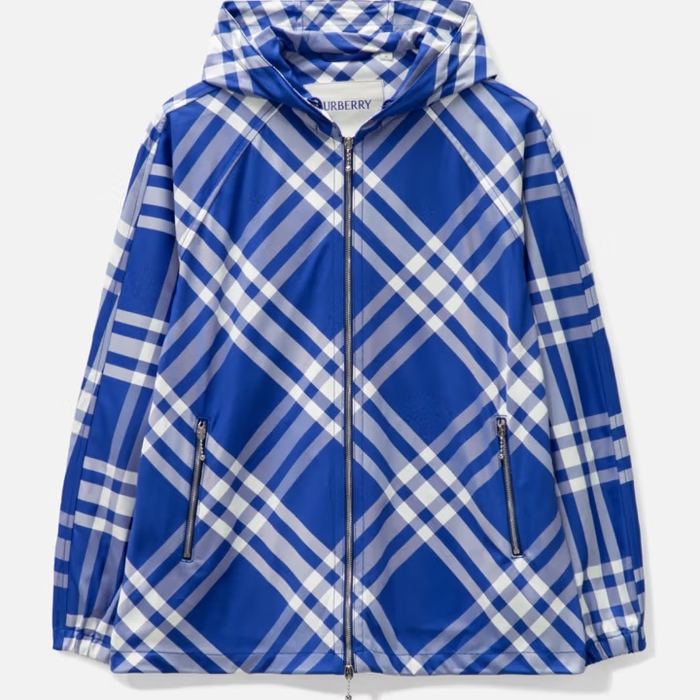 BURBERRY Blue and White Plaid Nylon Jacket